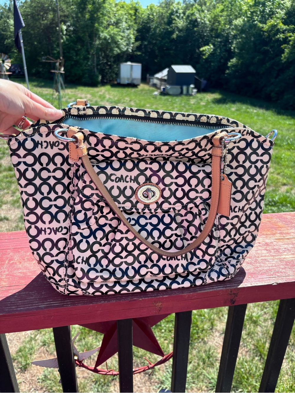 Coach white Signature Canvas Shoulder Bag with Tan Leather Trim